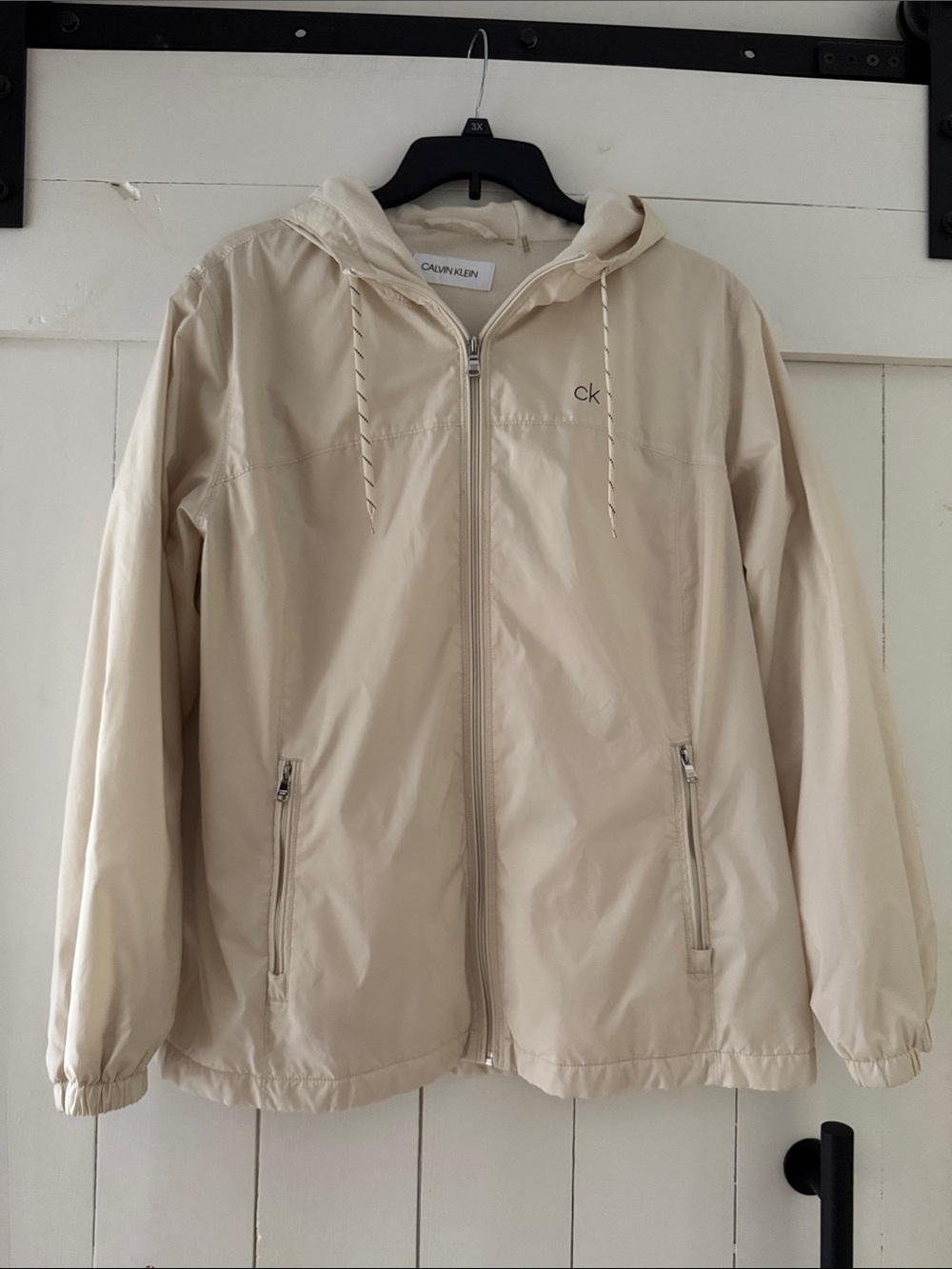 Calvin Klein Hooded Jacket Cream Off White Wind Rain Repellent Fleece Lined XL